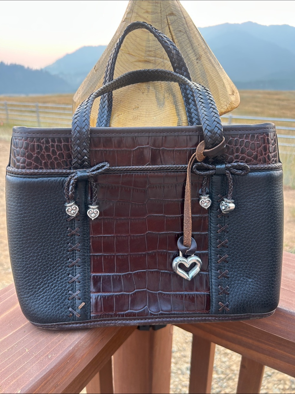 Brighton Chocolate Embossed Leather Mock Croc Pebbled Leather Vintage